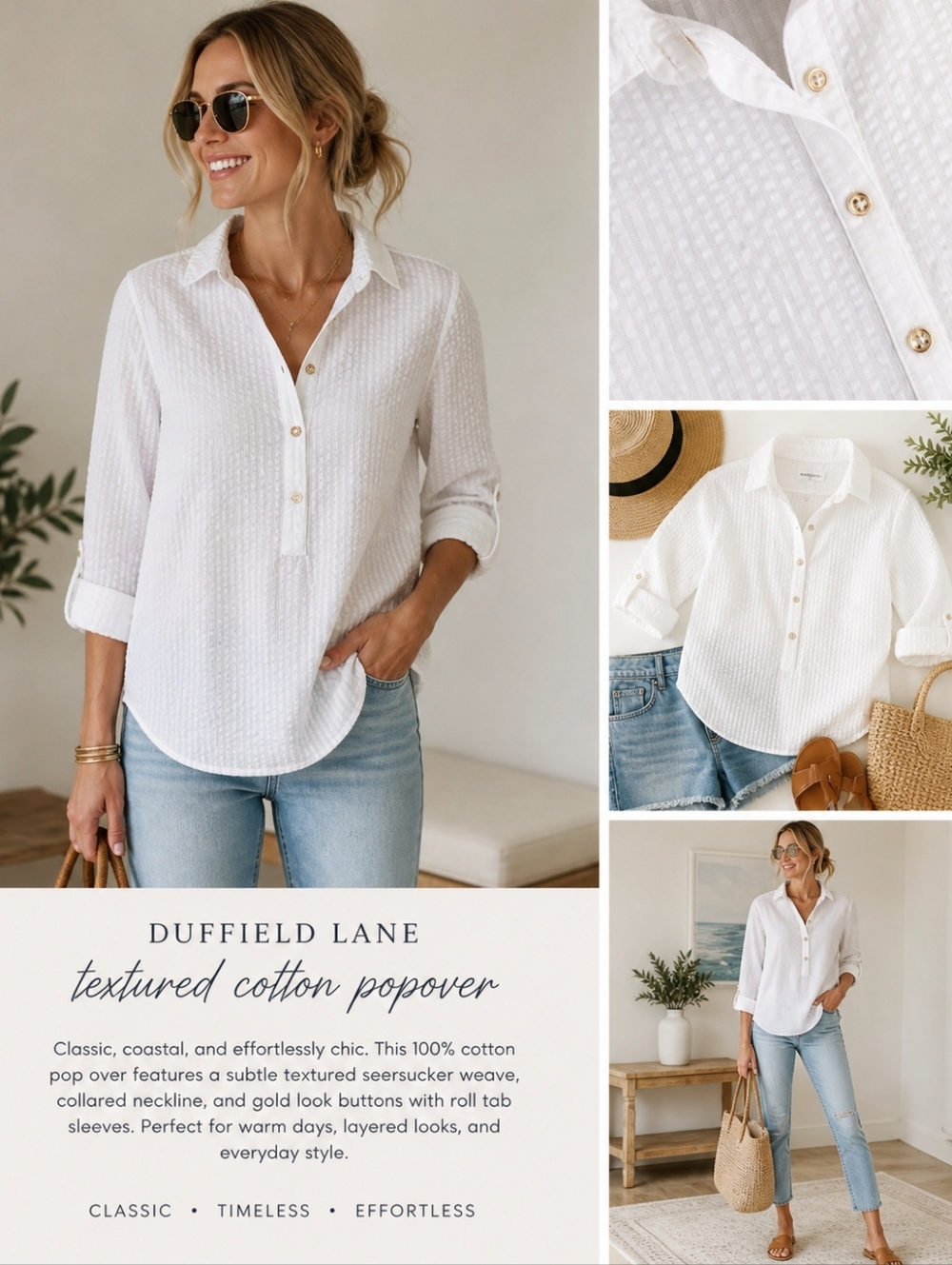 Duffield Lane White Textured Cotton Popover Shirt Size Small Classic Button Fron